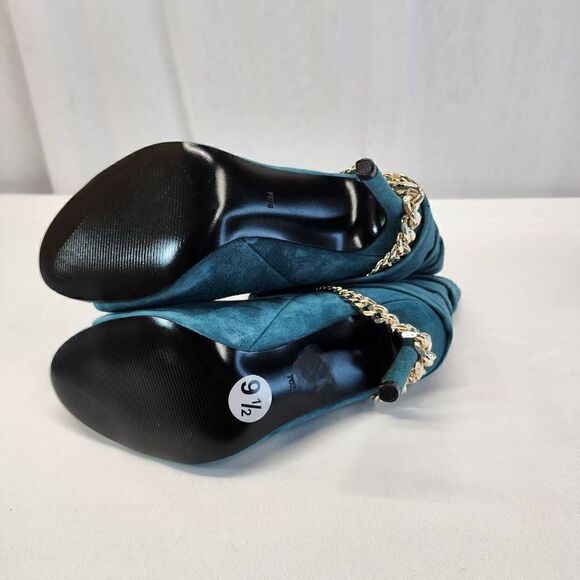 GUESS Adilee Teal Chain Pleated Peep Toe Stiletto Leather Booties Aize 9.5 M - Picture 9 of 11